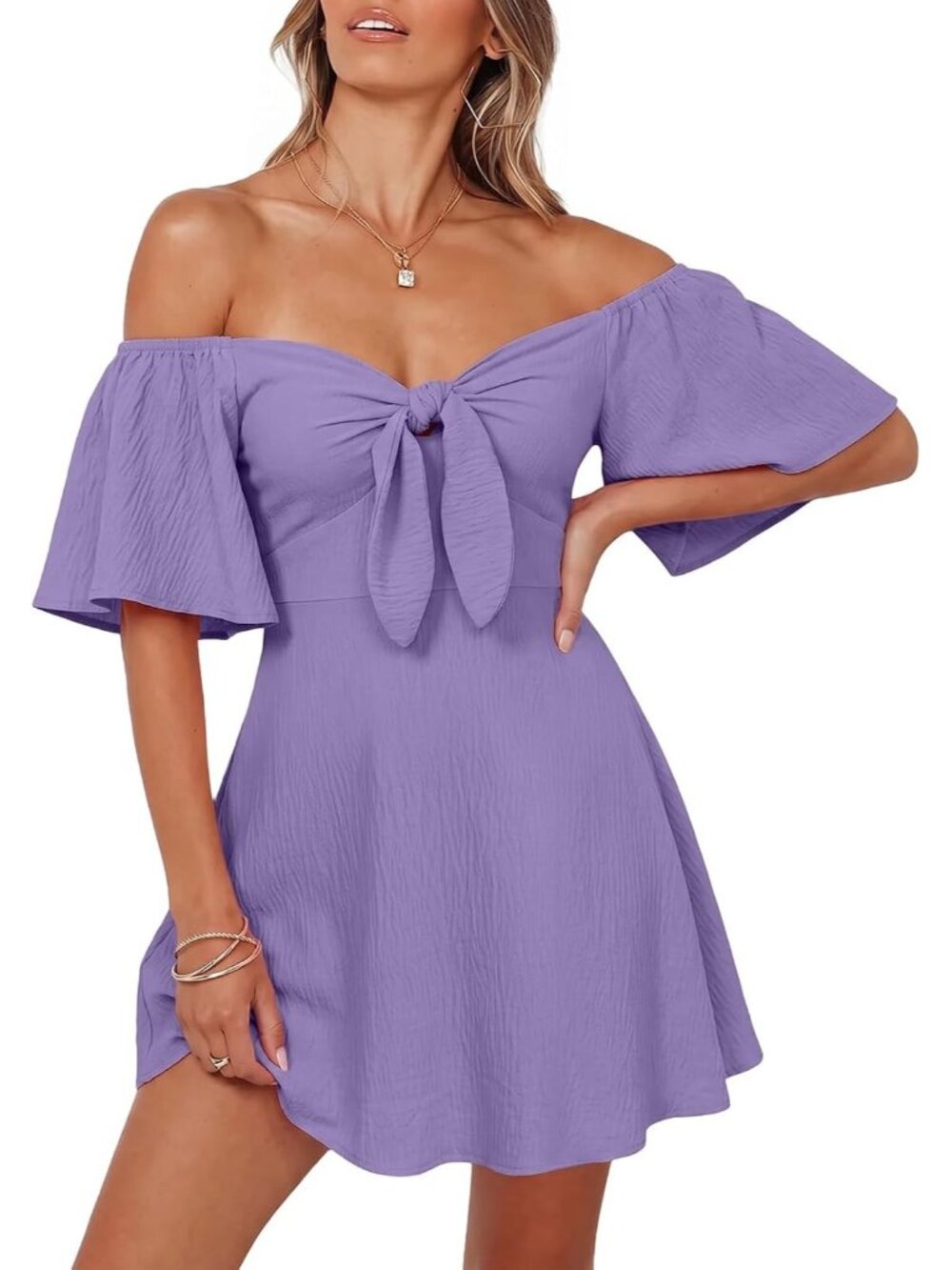 Women's Wisteria Summer Deep Short Sleeve V Neck Elegant Bow Tie Mini Dresses